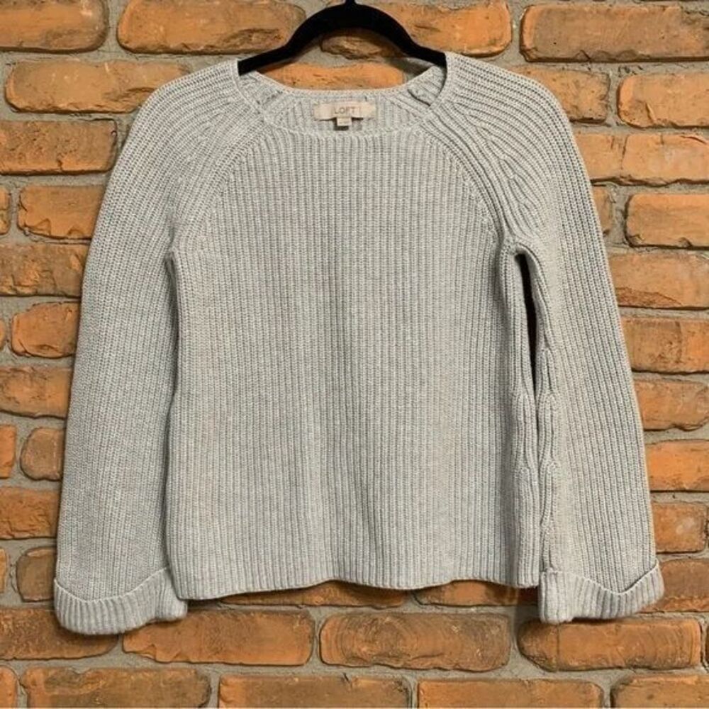 LOFT Womens XS Sweater Gray Chunky Knit Ribbed‎ Pullover Crewneck Rolled Cuffs